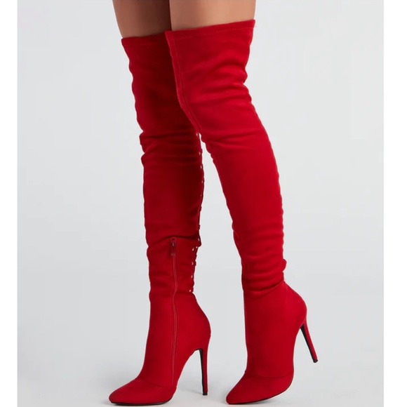 Red High Heel Open Back Corset Lace Up Thigh High Boot - Picture 5 of 11